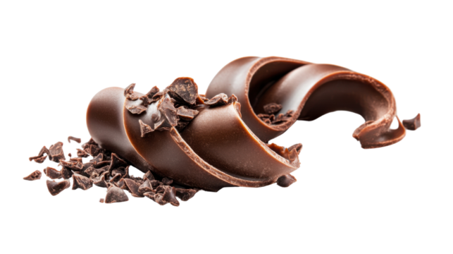 Delicious chocolate curls falling with chocolate shavings on transparent background