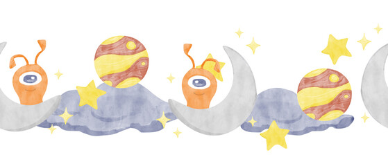 Watercolor Illustration Seamless Border with Silver New Moon, Orange Alien, Planets, Blue Clouds and Yellow Stars, Ready to Use Template for Print, Web and Textile