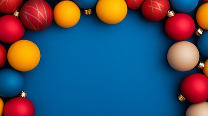 Festive Ornaments: An array of vibrant Christmas baubles in red, yellow, and blue, creating a colorful border around a deep blue backdrop. Perfect for holiday designs.