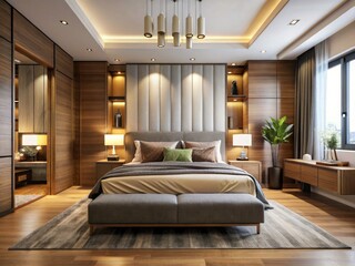 Modern master suite: king bed, kitchen panorama, intricate macro photography highlights.