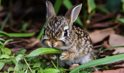 Cute Bunny Eats Grass Leaves Outdoors
