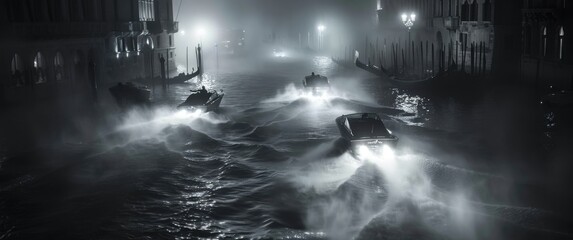 Nighttime speedboat chase through foggy Venice canals. Moody film noir aesthetic with lens flares. Boats weave dangerously through tight turns, their lights cutting through the mist. A thrilling