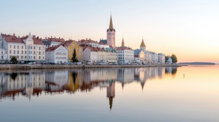 Fototapeta premium Sunrise over waterfront town, calm water reflection, pastel buildings