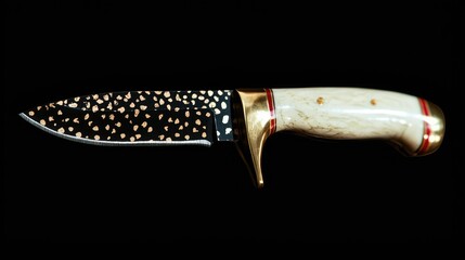 Hunting knife, ivory handle, gold inlay, black background, isolated