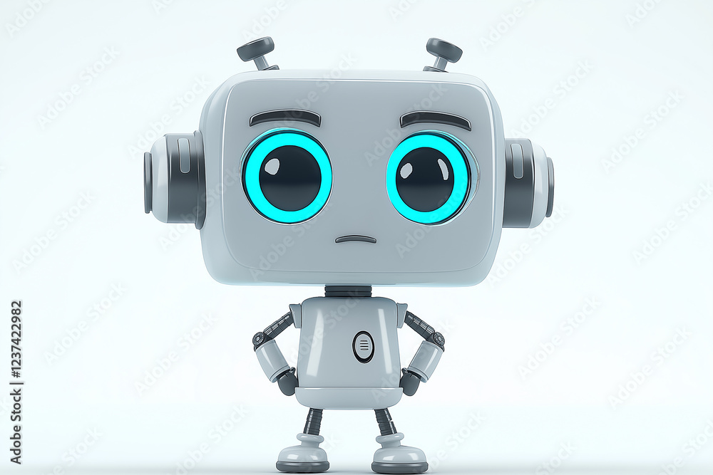 Poster cute robot standing with hands on hips, futuristic artificial intelligence