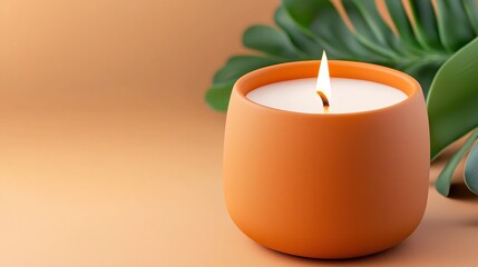 Serene and Peaceful Atmosphere: Terracotta Candle with Warm Glow and Lush Green Leaf