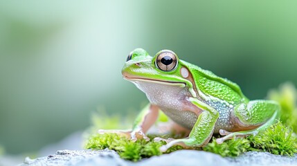 Naklejka premium Green tree frog on moss, nature background