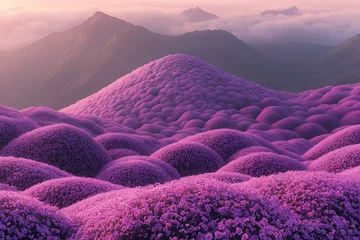 Fototapete Rund A surreal field of petunias with purple and pink flowers, vibrant colors, and dreamy landscape concept © Asrianto