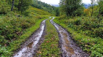 Fototapeta premium Winding muddy road through autumn hills
