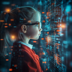 Child engaged with futuristic technology digital workspace educational content urban environment close-up view innovation in learning