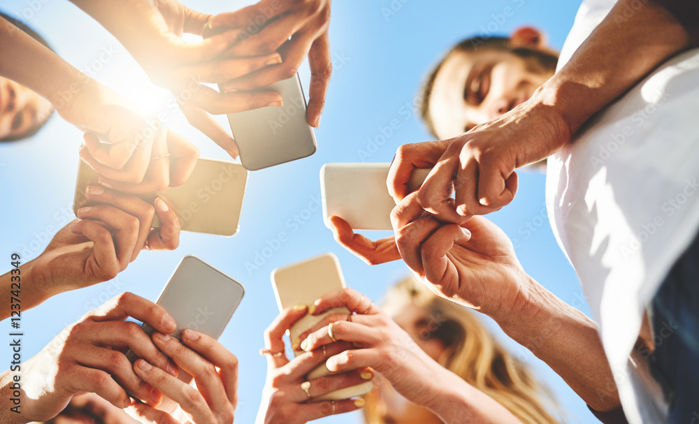 Aufkleber people, hands and below with phone for communication, data sync or network under blue sky. low angle
