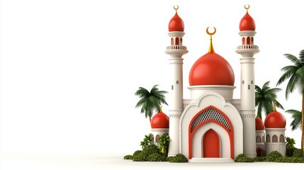 Serene Mosque Illustration: Red Domes, Lush Palm Trees, and Tranquil White Background.  A digital rendering of peaceful Islamic ar