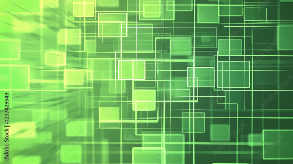 Poster Green abstract background showing interconnected squares floating in digital space