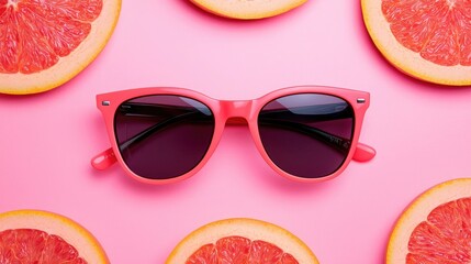 summer eCommerce campaigns . A pair of pink sunglasses rests on a vibrant pink background, surrounded by slices of grapefruit, creating a fresh, summery vibe.