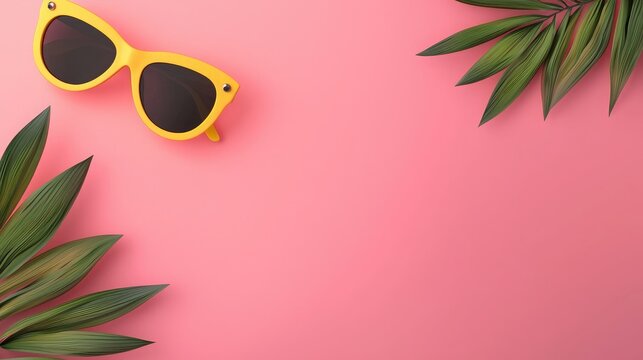 eCommerce seasonal campaign concept. A vibrant pink background features stylish yellow sunglasses and tropical green leaves, creating a cheerful summer vibe.