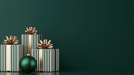 eCommerce seasonal campaign concept. Elegant green background featuring stacked gift boxes with gold bows and a shiny green ornament, creating a festive holiday atmosphere.