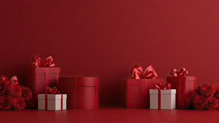 Fototapeta premium eCommerce seasonal campaign concept. A collection of beautifully wrapped red and white gifts arranged against a matching red background, creating a festive and elegant atmosphere.