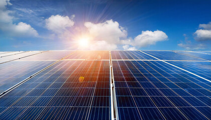Solar power panels with blue sky and sunlight in the background. Clean and renewable energy. Solar power.