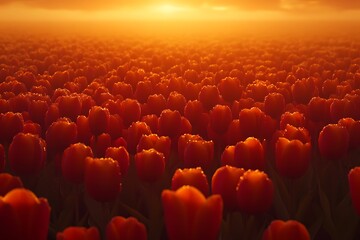 Obraz premium Beautiful field of colorful tulips in full bloom at sunset with vibrant red yellow pink and orange flowers creating a stunning spring landscape in the Netherlands