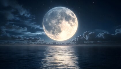 Fototapeta premium Full Moon Over Calm Ocean Night Sky Clouds Stars