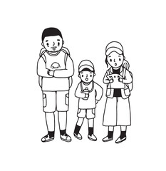 Family ready to travel, outline drawing vector illustration