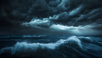 Fototapeta premium Dark Stormy Ocean Waves Under Thunderous Clouds