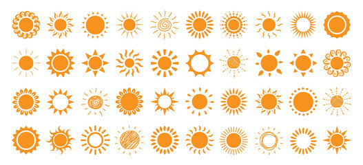 Sun logo clipart set. Yellow sun icon and symbol clip art with doodle and drawing sunrays vector illustration sunny day collection.
