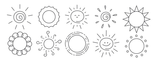 Sun outline drawing clipart set. Black sun clip art hand drawn collection with doodle line symbol and icon vector illustration.
