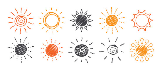 Sun cartoon clipart set. Colorful sun clip art in doodle and drawing symbol vector illustration graphic design collection.
