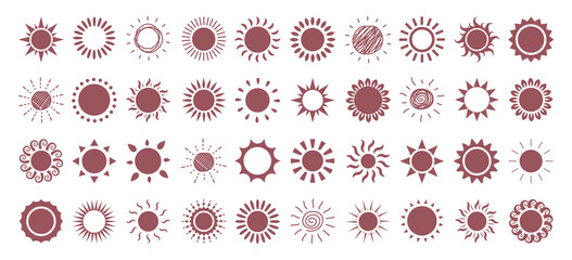 Sun logo clipart set. Sun silhouette  icon and symbol clip art with doodle and hand drawn sunrays vector illustration sunny day drawing collection.
