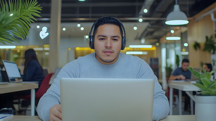 Un profesional hispano en un espacio de coworking, participando en una reunión virtual en su computadora portátil. Lleva auriculares y está en una videollamada mientras otros trabajan en el fondo. La 