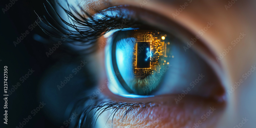 Poster human eye reflecting futuristic microchip and data flowing