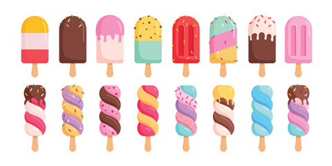 Popsicle icon clipart set. Summer popsicle clip art for tropical season dessert with flavor vector illustration colorful ice pop symbol collection.
