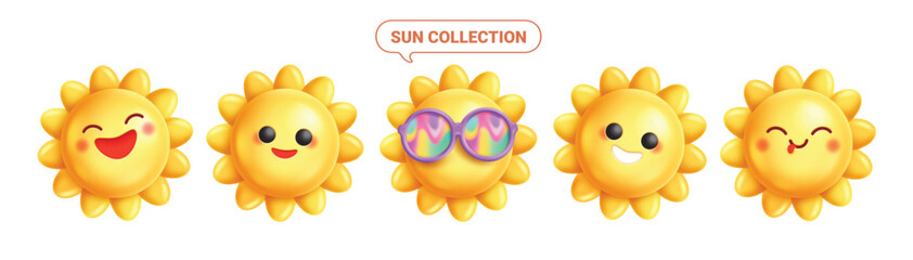 Sun icon clipart set. Yellow sun emoticon clip art in cute and happy facial expressions summer holiday collection graphic design vector illustration.
