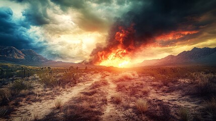 Obraz premium Desert wildfire sunset landscape; dramatic sky, fire, mountains