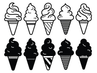 Ice cream silhouette icon clipart set. Sweet ice cream cone clip art in pictogram linear style and outline collection vector illustration summer dessert graphic design.
