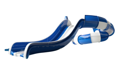 Large blue and white water slide twisting and turning on transparent background