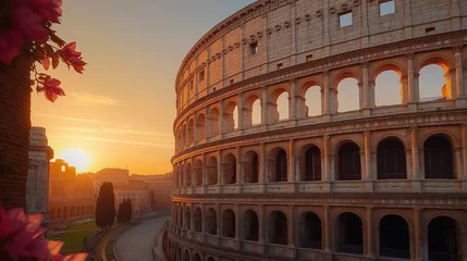Plexiglas schilderij Rome Majestic colosseum in rome at sunrise with flowers framing the scene  © Andres Mejia