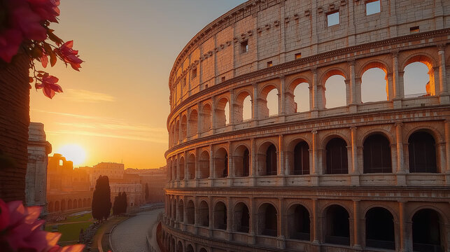Majestic colosseum in rome at sunrise with flowers framing the scene
