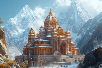 Golden temple, snowy mountains, winter, fantasy architecture, travel poster © Husien