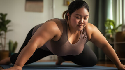 Young overweight asian woman doing push-ups at home on a yoga mat
