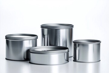 Four silver metal tins on white background; packaging, storage