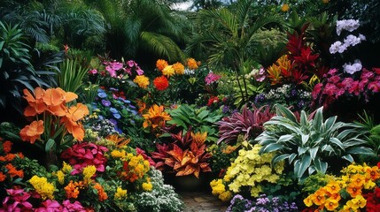 Obraz premium Vibrant Tropical Garden Filled with Exotic Flowers and Plants