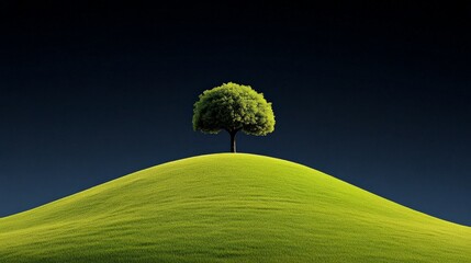 Lone Tree on Hill: A solitary tree crowns a vibrant green hill, standing against a dark blue, creating a striking contrast.