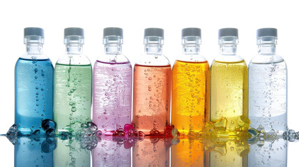 Colorful shower gel bottles reflecting on transparent background