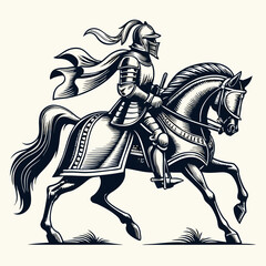 Obraz premium Imposing Knight in Full Armor Riding Horse, Black and White Artwork of a Medieval Knight with Sword and Shield, Galloping Equestrian Knight in Action with Detailed Armor and Horse