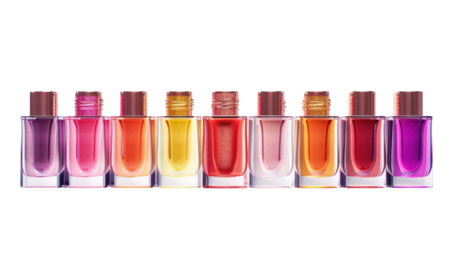 Colorful nail polish bottles creating a vibrant horizontal line on transparent background