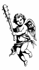 Unique Black and White Artwork of an Angel Holding a Spiked Bat, Powerful Cherub with Wings and a Dangerous Weapon, Intricate and Bold Angelic Design with Unusual Symbolism