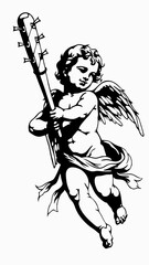 Unique Black and White Artwork of an Angel Holding a Spiked Bat, Powerful Cherub with Wings and a Dangerous Weapon, Intricate and Bold Angelic Design with Unusual Symbolism