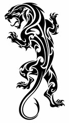 Bold Tribal Panther Design, Black and White Artwork of a Powerful Panther in Stalking Pose with Intricate Tribal Patterns, Majestic Panther with Flowing Tail and Defined Muscular Form